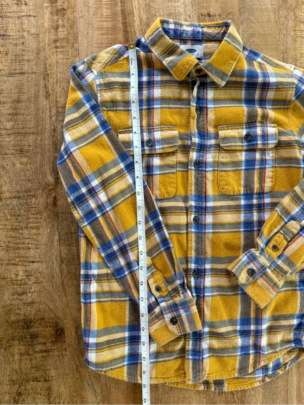 Old Navy Boys L 10-12 Plaid Flannel Fall Family Photos Mustard Blue